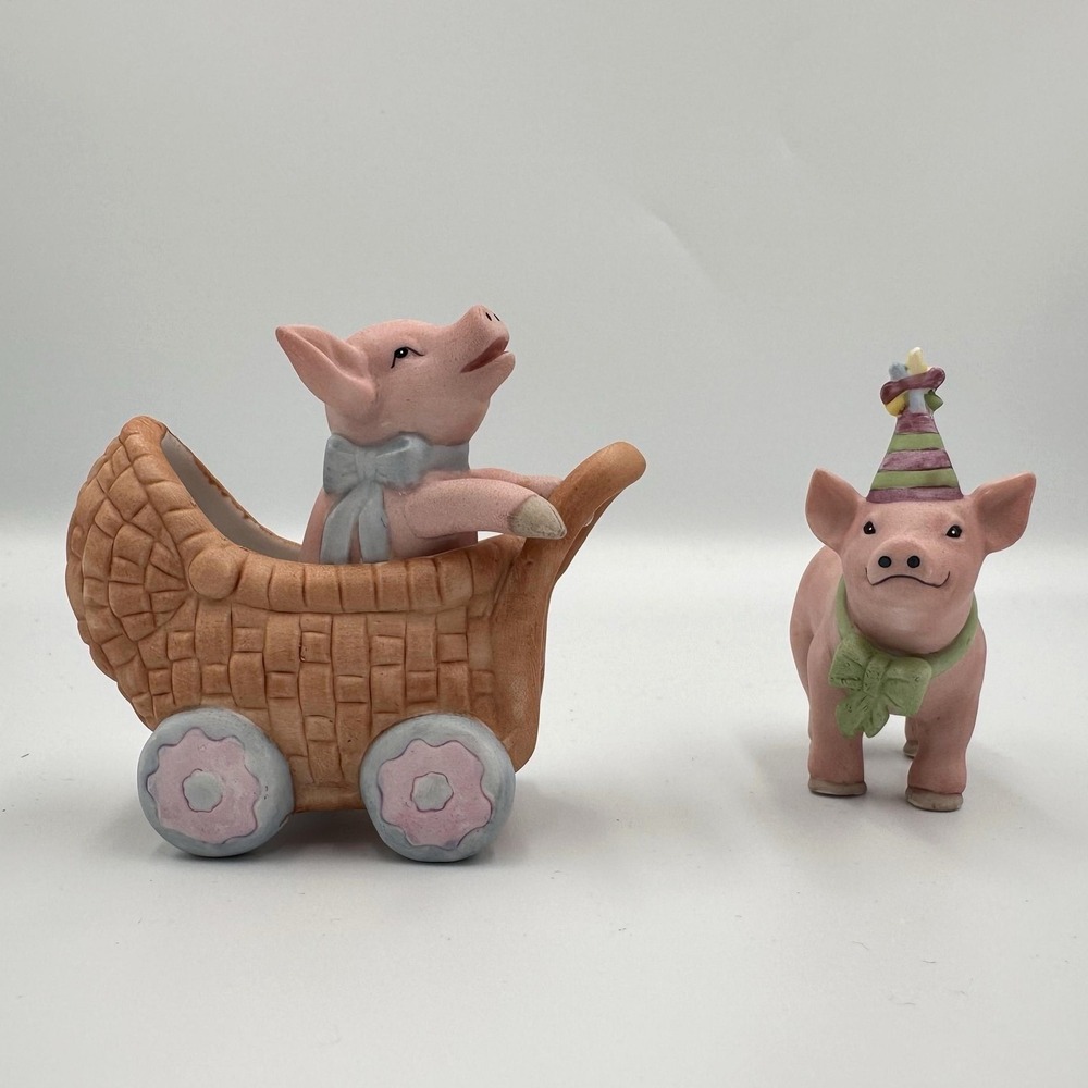 Vintage 1987 The Haven Chris Mandy Pink Pig Porcelain Figurine‎ Set P4626 P4671